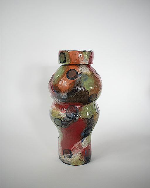 ceramic candlestick hand-painted in an abstract painterly way with multi-colored glazes